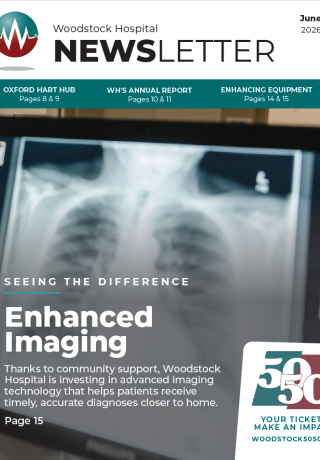 This is the front page of the June 2026 hospital newsletter. It has a photo of a diagnostic image with the title, "Seeing the Difference, Enhanced Imaging."